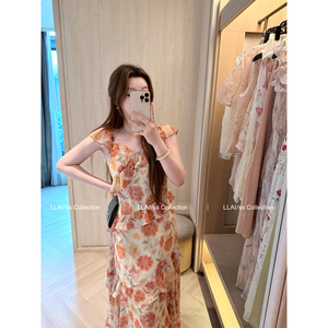 来来LLAI 太阳花 元气满满印花连衣裙女夏修身显瘦气质荷叶边长裙
