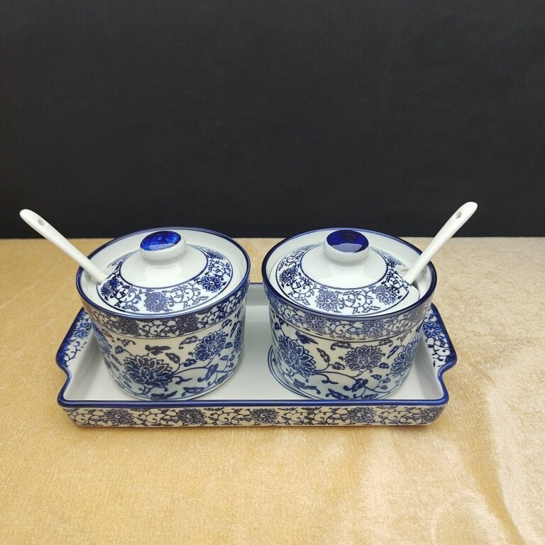 陶瓷青花辣椒盒开口炖盅底盘盐调味瓶罐家用组合套装餐饮店高温