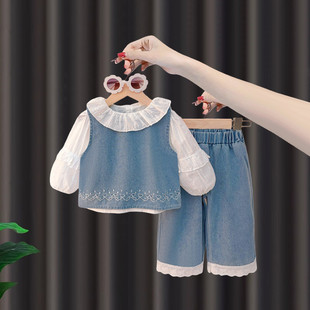 女童洋气花边牛仔套装春秋季2026新款时髦中小童三件套儿童春装潮