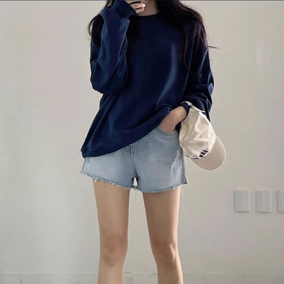 藏青色圆领卫衣女款无帽宽松显瘦