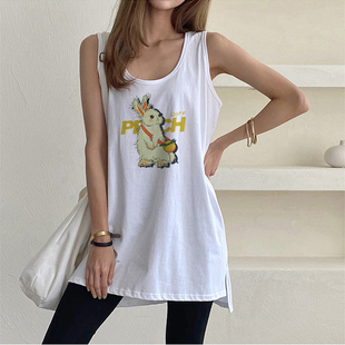 白色吊带女款纯棉兔子印花打底甜辣胖mm大码无袖上衣夏季女潮背心
