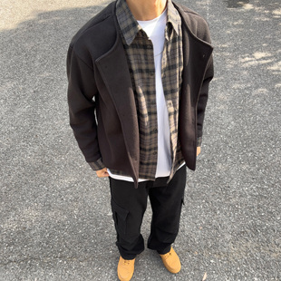 UNCLEBLUE秋季假两件外套拼接老钱风人夫感衬衫领格纹休闲上衣男