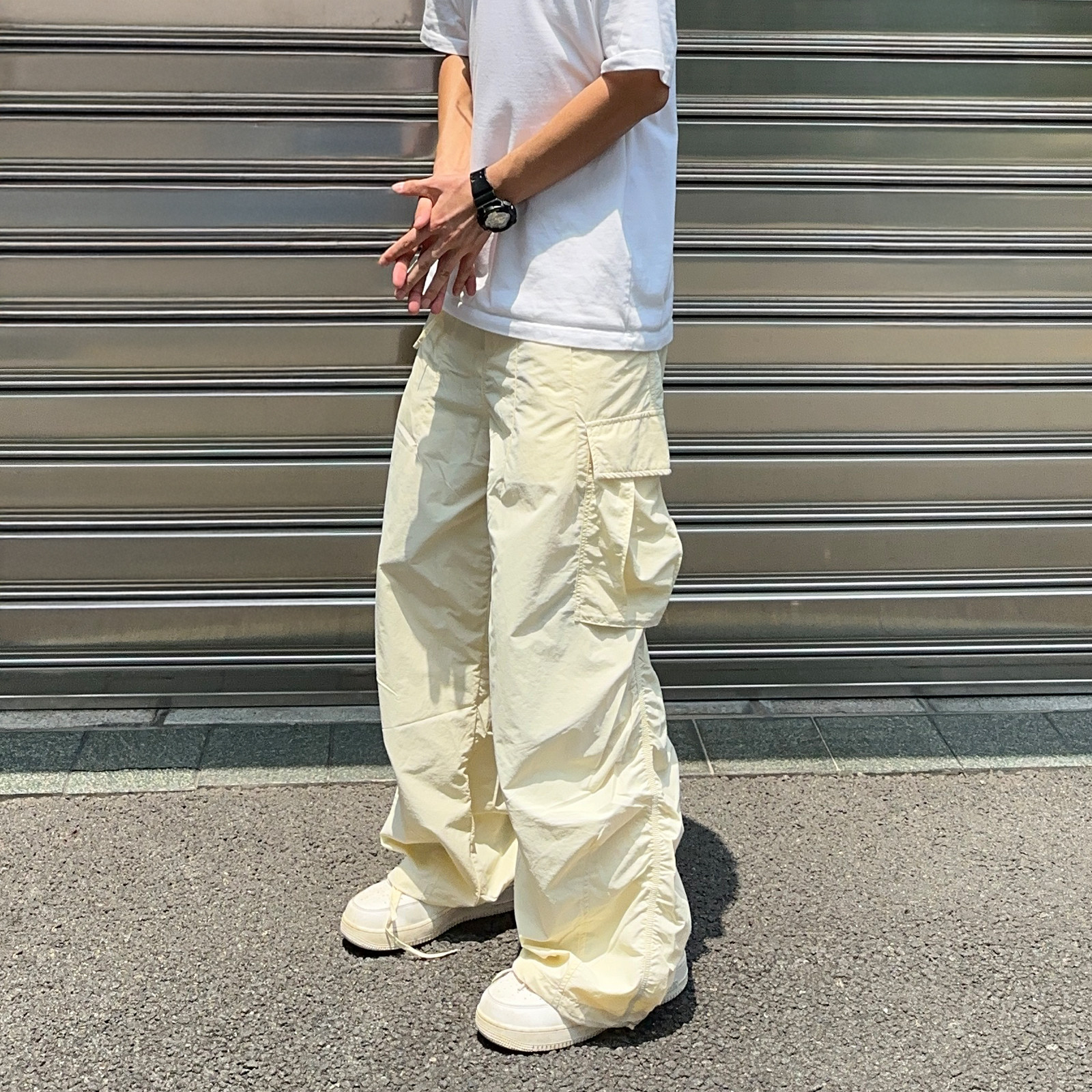 UNCLEBLUE春夏新品细格纹宽松工装阔腿裤潮牌立体大口袋裤男