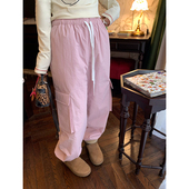 休闲裤 今屿花花 秋冬粉色加厚阔腿裤 松紧腰工装 裤 子女2025新款