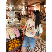 今屿花花 小众设计感 宽松上衣半袖 米色印花短袖 女t恤夏2025新款