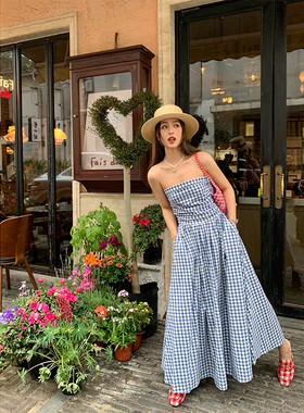 今屿花花 蓝色格子法式连衣裙夏季女2025年新款露背无袖抹胸长裙