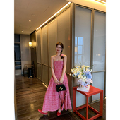 粉色格子抹胸连衣裙女装 2025新款 春款 今屿花花 长裙收腰无袖 露背