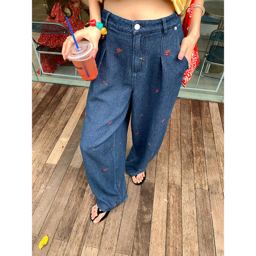 今屿花花牛仔阔腿裤女刺绣