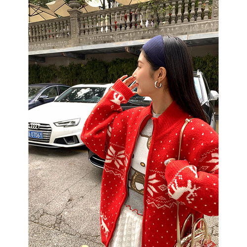 今屿花花开衫红色毛衣女