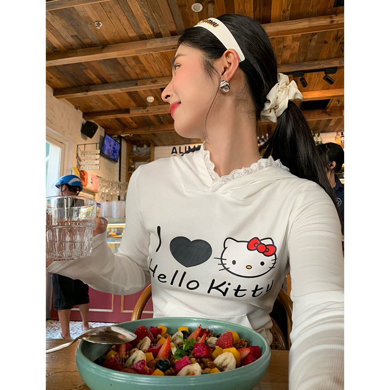 今屿花花白色印花连帽卫衣女早秋