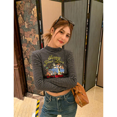 短款 2024新款 修身 今屿花花 黑白条纹t恤秋装 女款 上衣长袖 可外穿