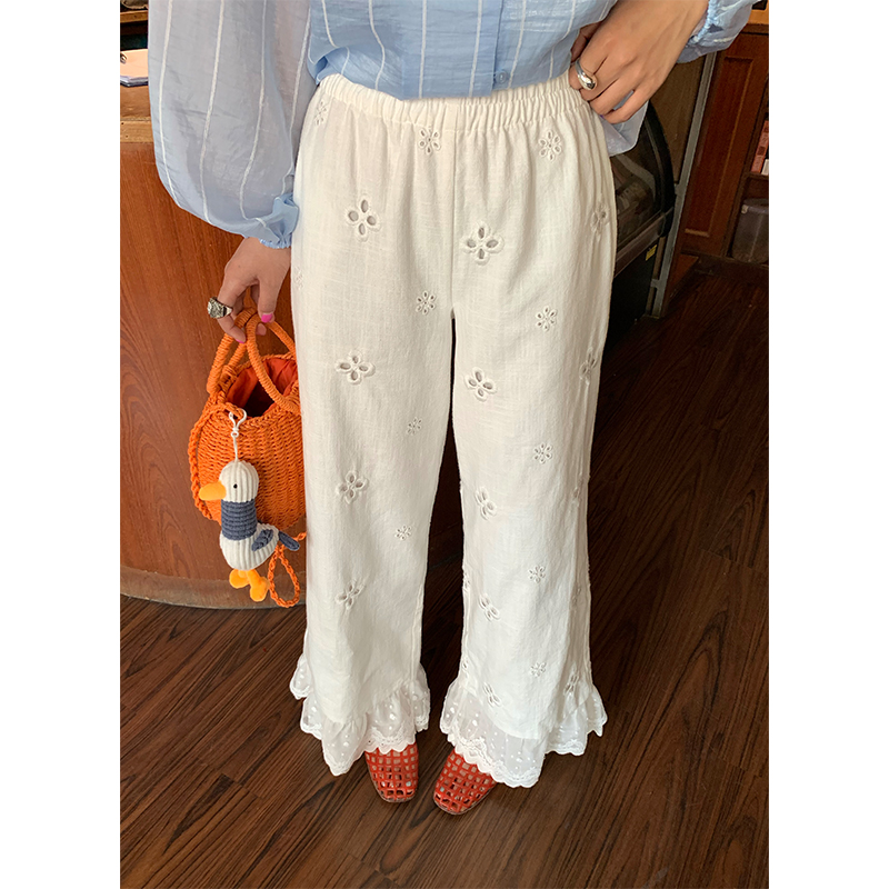 今屿花花白色刺绣棉麻裤女