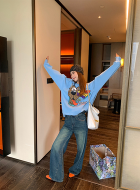 今屿花花高级感超好看oversize蓝色印花卫衣女款2025新款春秋外套