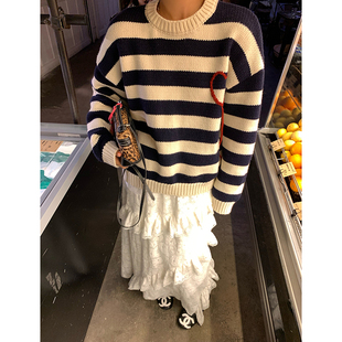 冬季 2025新款 宽松藏青色条纹毛线衣小个子外穿 毛衣女款 今屿花花