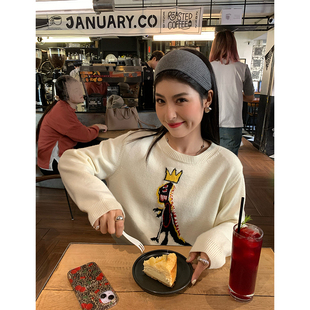 今屿花花米白色毛衣秋冬女小个子2024年新款 设计感小众毛线衣外穿