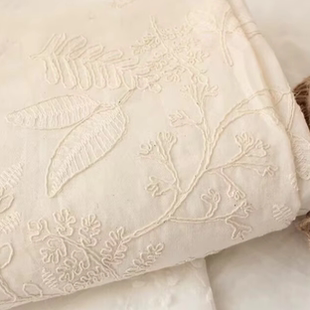 裙子面料 原棉日系粗線立體刺繡精致花枝純棉繡花包包服裝