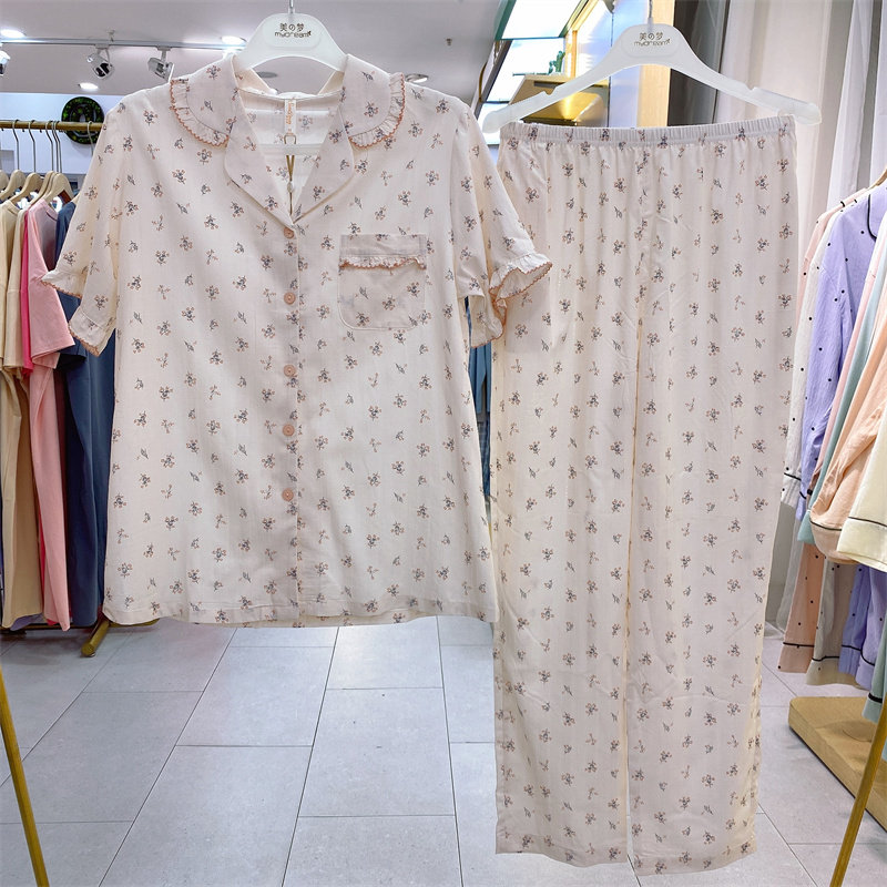 美梦女士睡衣2024夏季新品梭织棉时尚印花甜美开衫短袖长裤家居服