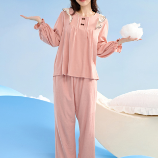 新品 安之伴甜美女士睡衣2025秋季 针织小圆点棉提花拉架圆领家居服