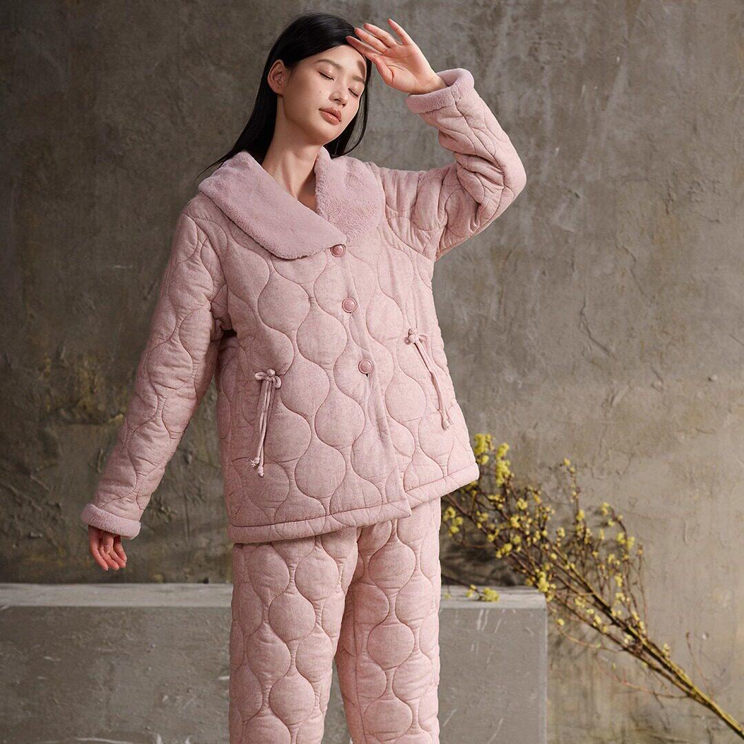 安之伴睡衣2025冬季女士梭织棉三层夹棉加厚保暖果子领韩版家居服