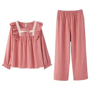 梭织磨毛100棉甜美格子家居服 长袖 安之伴纯棉睡衣女秋季 2024新款