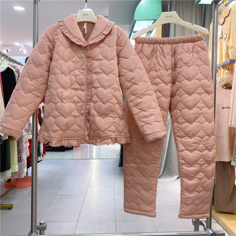 安之伴睡衣女2024冬季款三层加厚梭织提条纯棉夹棉保暖减龄家居服