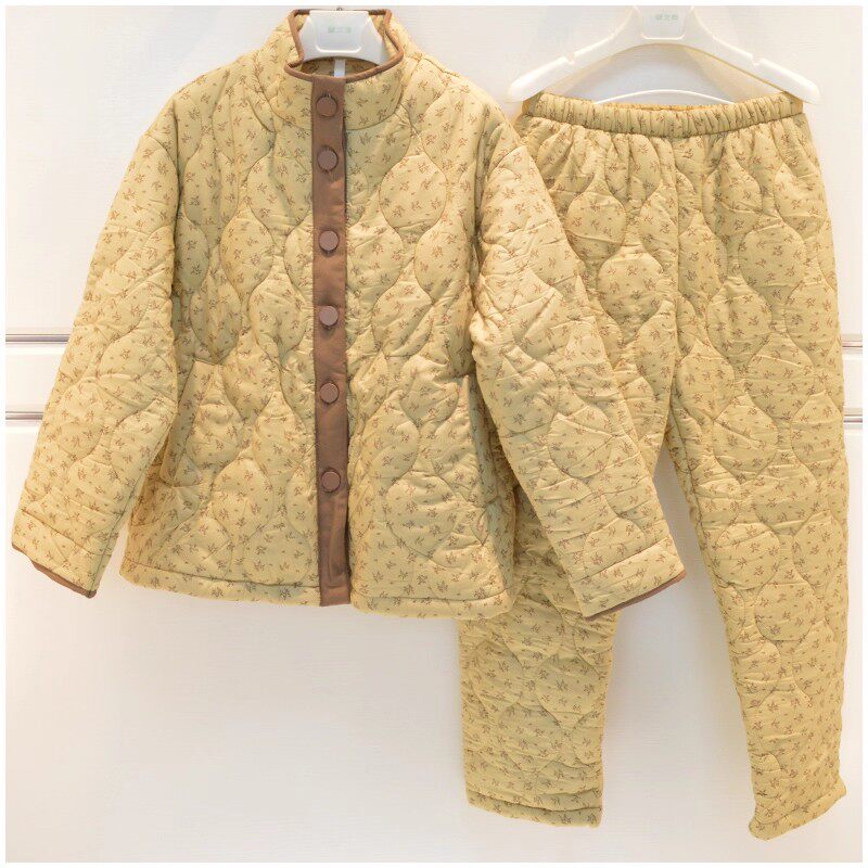 乐可美睡衣女2025冬季新品梭织纯棉夹棉三层加厚保暖立领家居服套