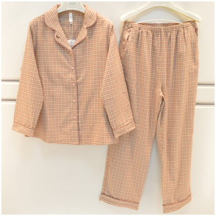 妮可雅睡衣女2025秋季新品梭织磨毛纯棉开衫长袖色织格家居服套装