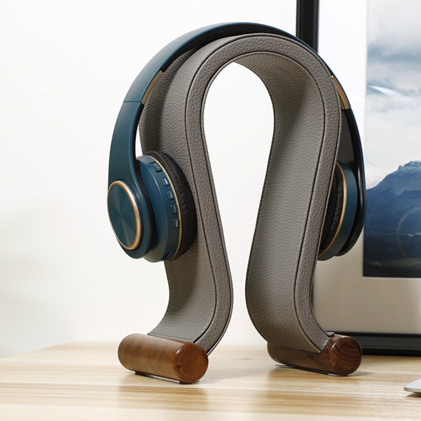 胡桃木色U型头戴式耳机架蓝牙电竞游戏电脑桌面皮质展示支架挂架