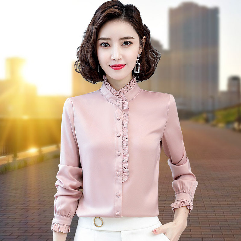 立领复古雪纺衬衫女长袖2020秋季新款日系时尚木耳边加绒洋气衬衣