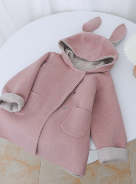 女童儿童双面呢大衣紫色中小童大衣兔耳朵卡通短款带尾巴羊毛外套
