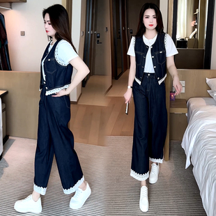 时尚休闲套装女夏季新款韩版蕾丝洋气质马甲显瘦牛仔三件套潮