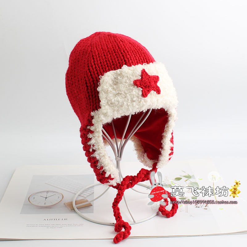 国风秋冬新款儿童可爱五星拼色男子宝宝雷锋帽子保暖护耳针织毛线