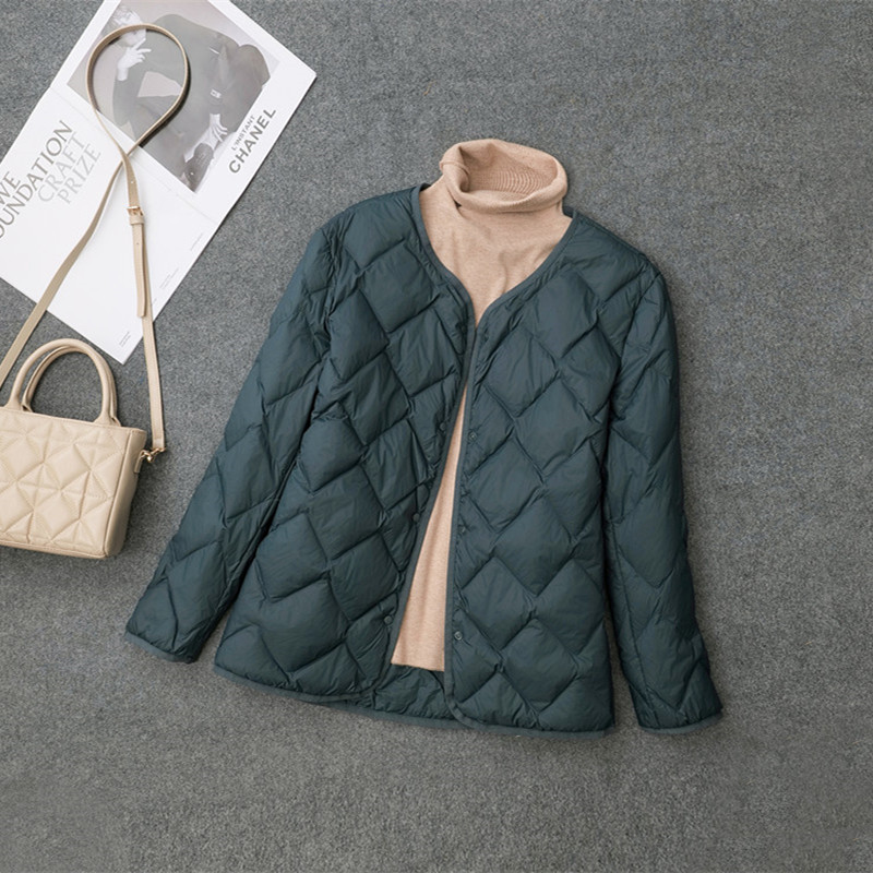 无领轻薄羽绒服女V领菱形格妈妈薄款内胆内外穿加肥加大码中老年