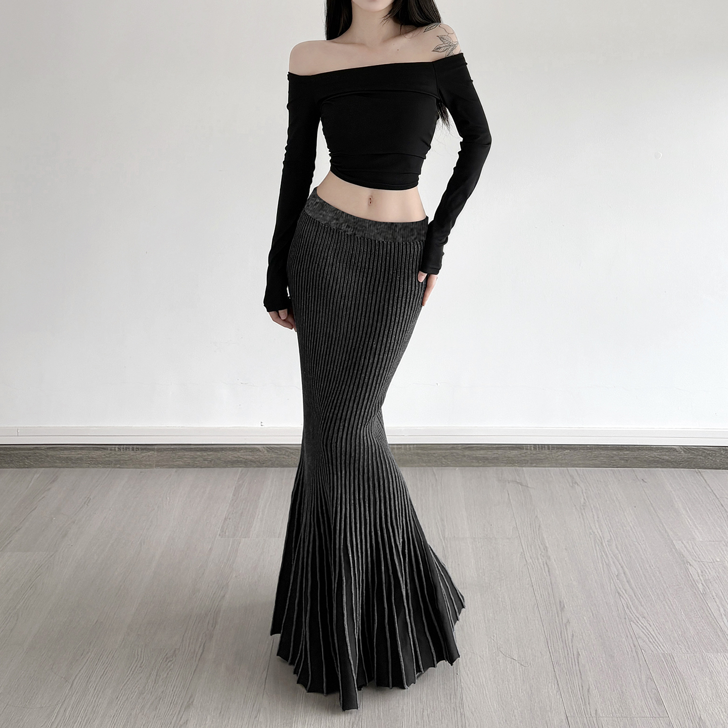 MSYOUCAN 女巫魔法哥特暗黑系坑条毛织半身裙低腰小众鱼尾长裙女