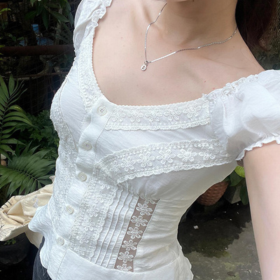 梦核复古mooncore纯欲蕾丝边T恤