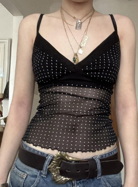 MSYOUCAN 纯欲波点印花网纱拼接透视吊带小背心显瘦轻薄辣妹上衣