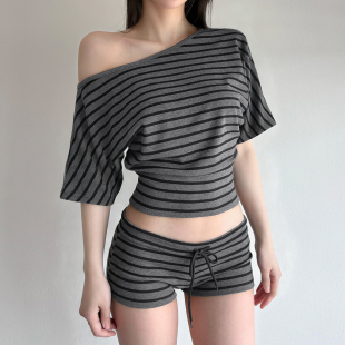 超短裤 斜肩宽松收腰T恤 欧美街头风松弛感辣妹两件套装 MSYOUCAN