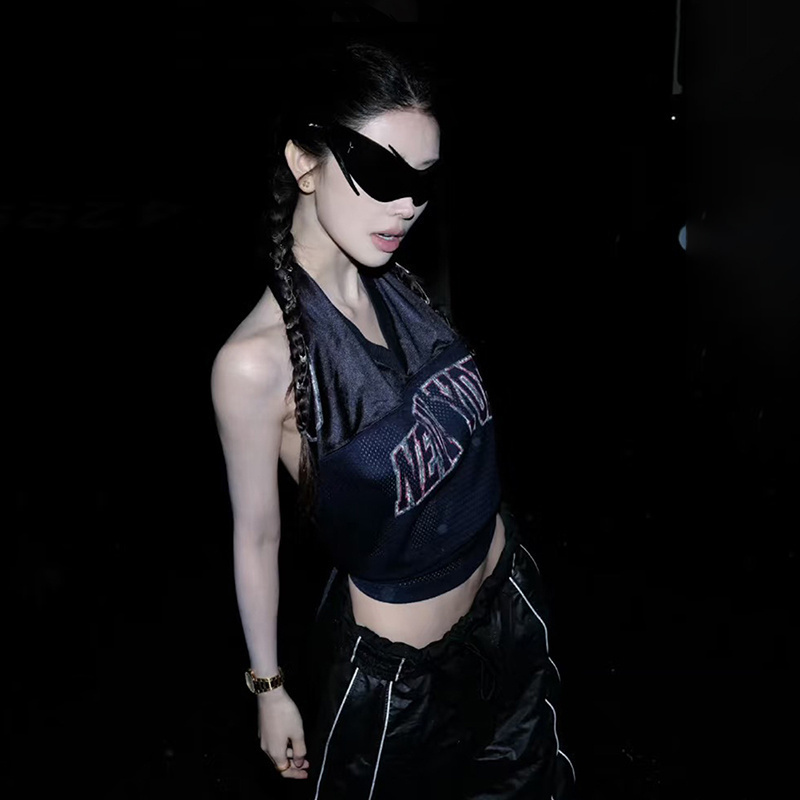 MSYOUCAN 欧美街头风字母印花运动挂脖背心网洞拼接露背绑带上衣