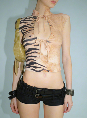 MSYOUCAN 复古风动物纹印花镂空系带小背心显瘦辣妹立领无袖上衣