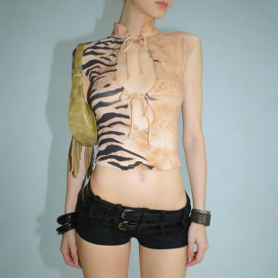 MSYOUCAN 上衣 复古风动物纹印花镂空系带小背心显瘦辣妹立领无袖