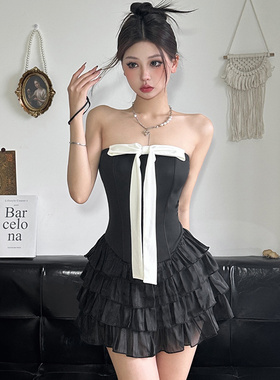 MSYOUCAN 富家女撞色拼接蝴蝶结蛋糕连衣裙千金感绑带抹胸短裙美