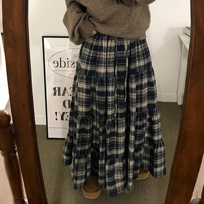 MSYOUCAN 美式学院复古风格纹撞色A摆长裙百搭宽松显瘦辣妹半身裙