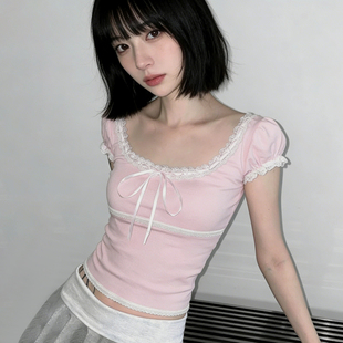 MSYOUCAN 弹力百搭少女感上衣 日系纯欲浅粉色蕾丝拼接系带T恤修身