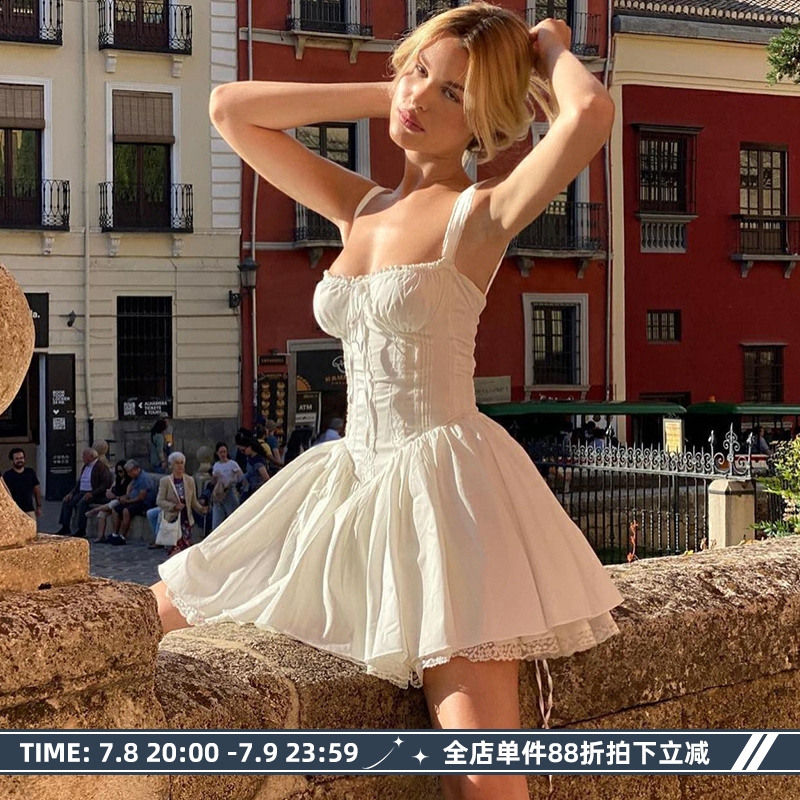 法式芭蕾美学蕾丝束腰吊带连衣裙
