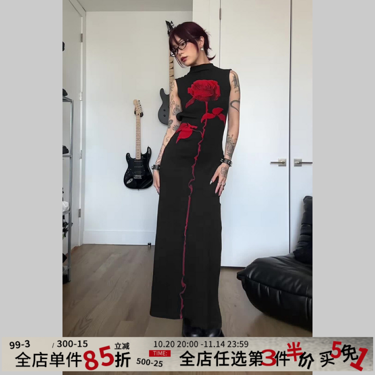 一枝玫瑰哥特小众印花高领连衣裙