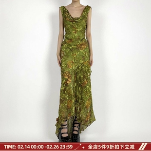 MSYOUCAN 迷雾苔藓古着感vintage连衣裙碎花绿色系印花荡领长裙夏