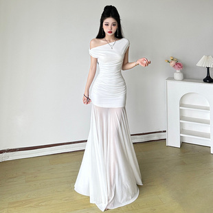 MSYOUCAN 希腊神女斜肩褶皱收腰连衣裙垂感微透拼接度假礼服长裙