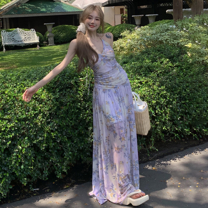 MSYOUCAN 韩剧女主浪漫海边度假风连衣裙清新小碎花紫色挂脖长裙,女装/女士精品,连衣裙,淘宝优惠券,粉丝福利购,淘宝优惠卷