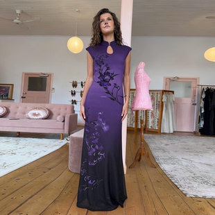 连衣裙紫韵渐变辣妹包臀长裙 花卉印花旗袍领修身 MSYOUCAN 新中式