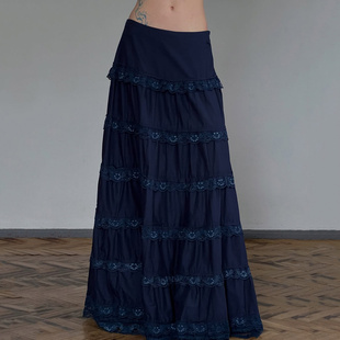MSYOUCAN 部落风墨水蓝色垂感飘逸A字长裙复古vintage小众半身裙